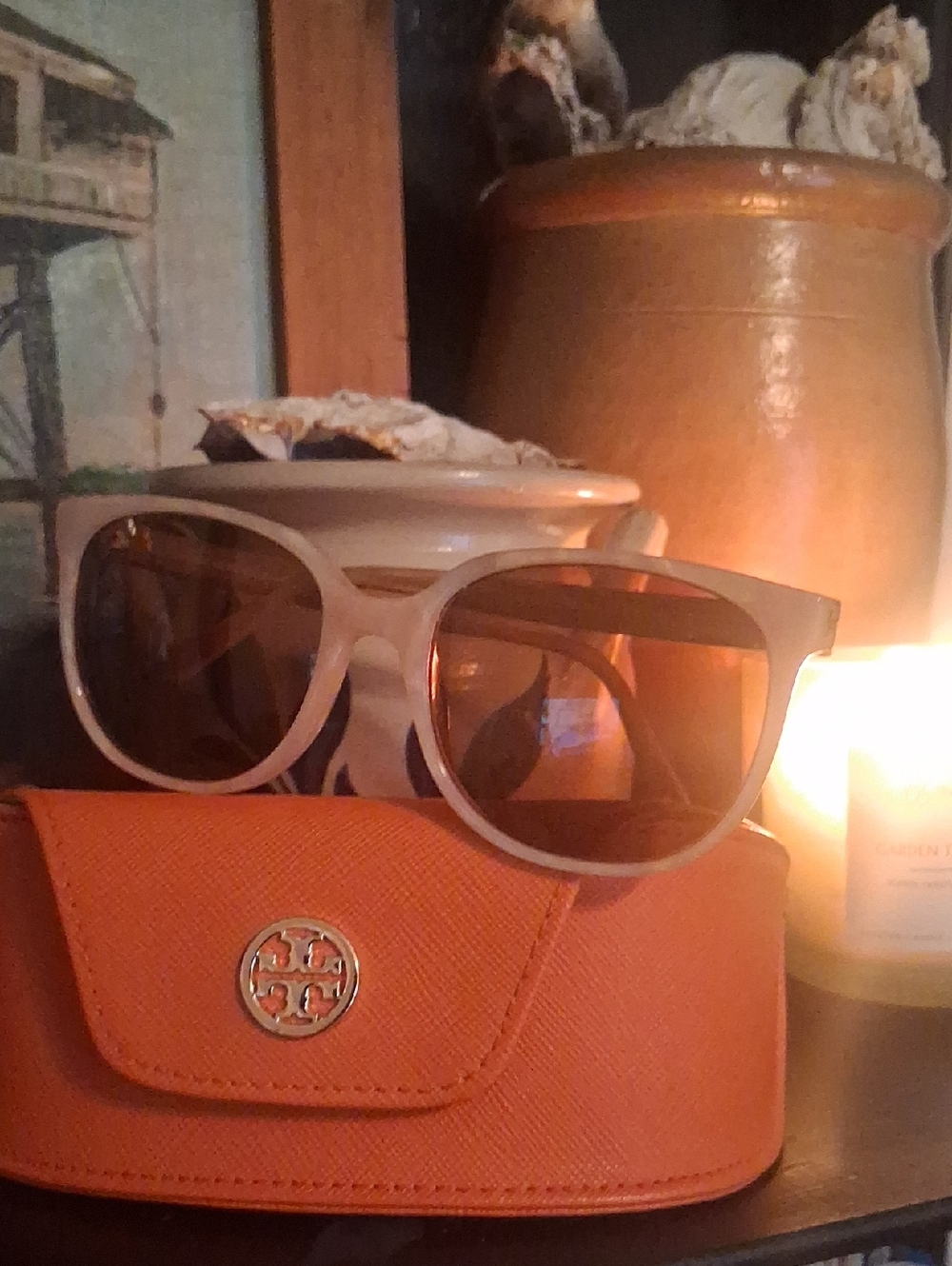 Tory Burch Cream Frame Sunglasses with Orange Case